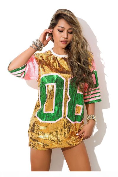 

hello528shop fashion pink 08 hip hop dance sequin mini dresses performance fancy dress costume stage long t-shirt women shirts, White