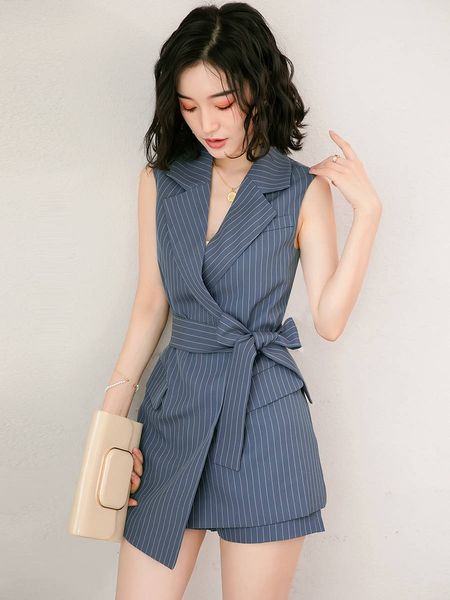 

elegant sleeveless blazer vest suit striped sash belt female jacket short set double breasted spring women sets, White;black