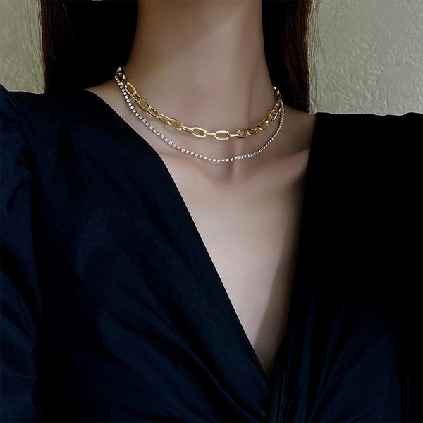 

srcoi double layer oval link chain cross crystal necklace rhinestones women/men hip hop chunky choker fashion party jewelry, Silver