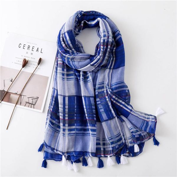 

Ethnic style tassels silk Scarves 2021 Autumn lattice Print Beach towel new summer Sunscreen Shawls lady Cotton and Linen Scarf, Blue;gray