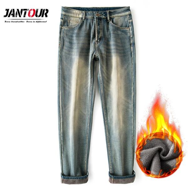 

jeans for men 2020 winter thicken straight long pants fashion fleece vintage jeans elasticity loose trousers plus size 38 40, Blue