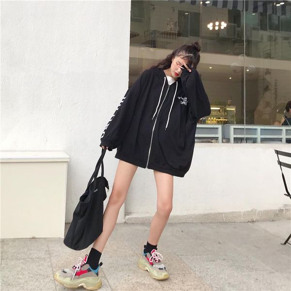 

women's jackets autumn 2021 loose casual letter print long-sleeved hooded jacket fashion wild ladies, Black;brown