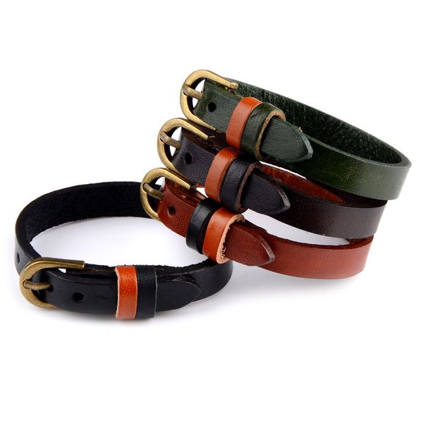 

genuine leather warp bracelet belt adjustable alloy clasp charm handmade fashion bracelets for men women jewelry, Golden;silver