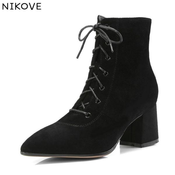 

boots nikove 2021 women ankle pointed toe elegant square high heel shoes all match size 34-39, Black