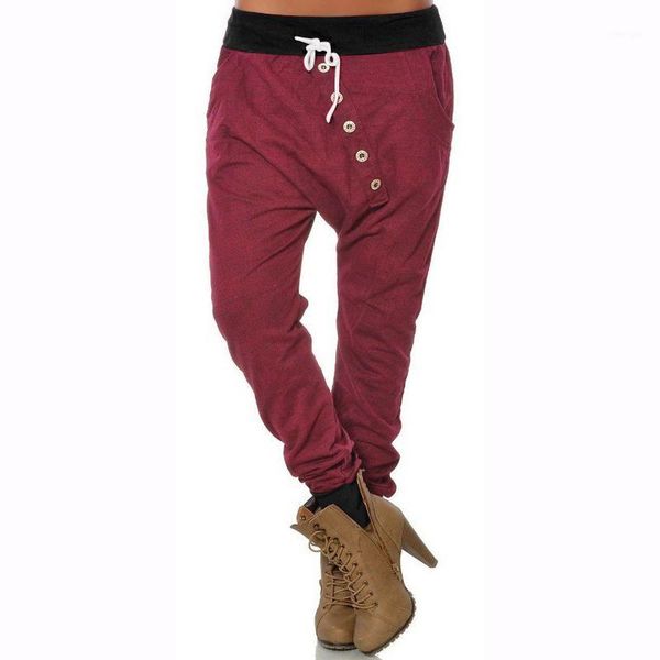 

fashion women solid pants elastic waist harem pants streetwear baggy button casual loose long trousers1, Black;white