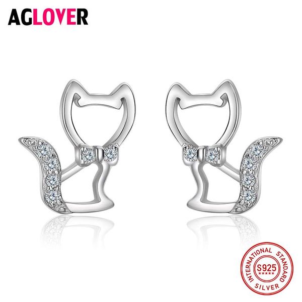 

100% 925 sterling silver earring with clear crystal fashion cute symmetry cat stud earrings for women girls gift, Golden;silver