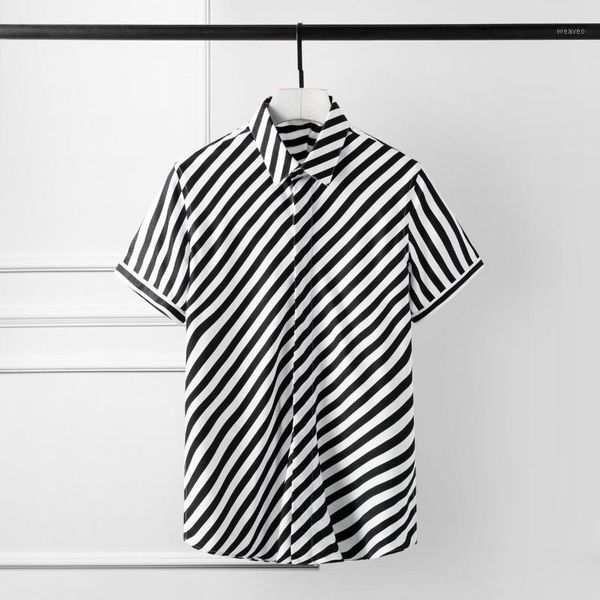 

stripe luxury tencel cotton short sleeve mens dress camisa masculina plus size 4xl slim fit shirts man1, White;black