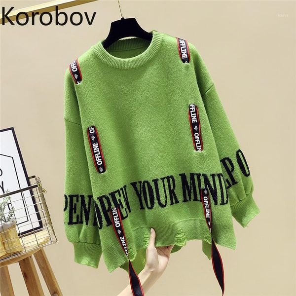 

korobov harajuku letter ribbon women sweaters korean streetwear long sleeve letter embroidery sueter mujer knit pullovers 793121, White;black