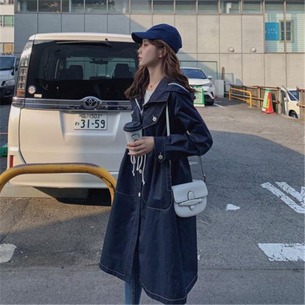 

2021 spring autumn women's long trench coats mid-length windbreaker korean loose hooded coat m6081, Tan;black