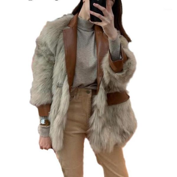 

tvvovvin women faux fur coat patchwork color matching winter coat women vintage casual motorcycle jacket 2020 fashion f8bb1, Black