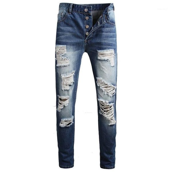 

2020 summer european american men's nostalgic blue jeans straight button personality ripped jeans men's street beggar trousers1