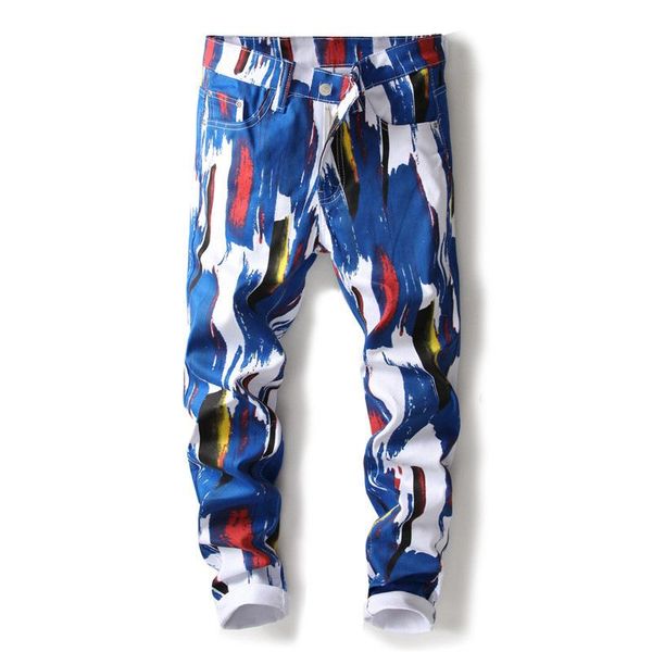 

high street fashion mens jeans spring nightclubs white colored pantalon hombre designer male punk pants skinny hip hop jeans, Blue
