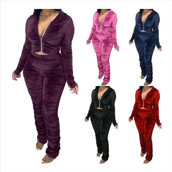 

winter 2 pieces outfit for women draped outfits velvet tracksuit hooded stacked leggings pants sets wholesale dropshipping, Gray