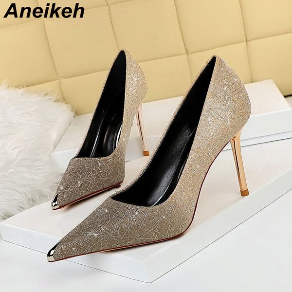 

aneikeh new 2020 spring/autumn pu stiletto heels pumps metal decoratio bling mixed colors rome pointed toe ladies wedding shoes c0129, Black