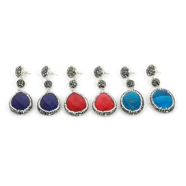 

dangle & chandelier jewelry water drop tear oval dake blue red white pattern semiprecious stone earrings for women, Silver