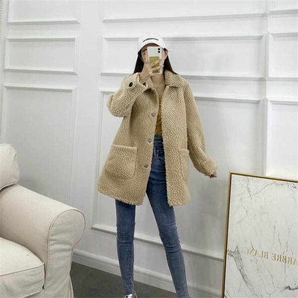 

winter wool warm women coat solid color soft covered button jacket fashion loose plus size turndown collar ladies overcoat m1001, Black