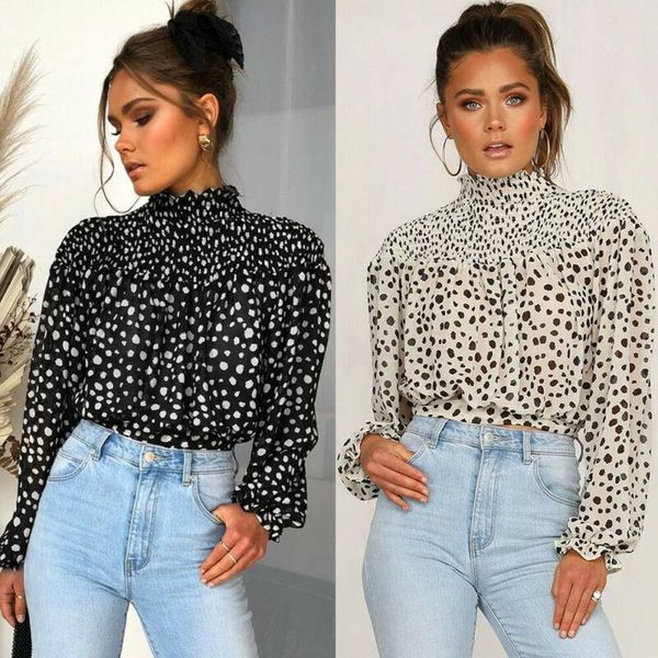 

2019 new arrival women casual turtleneck long sleeve t-shirt spring autumn chiffon polka dots shirt, White