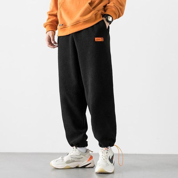 

men autumn winter elastic waist warm pants solid color thick fleece long trousers cotton sports outdoor male korean style pants1, Black
