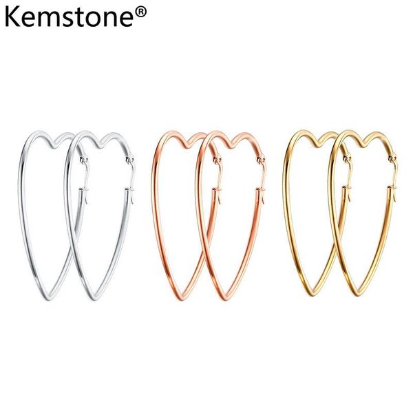 

hoop & huggie kemstone fashion stainless steel 38mm heart shaped hypoallergenic earrings jewelry for women, Golden;silver