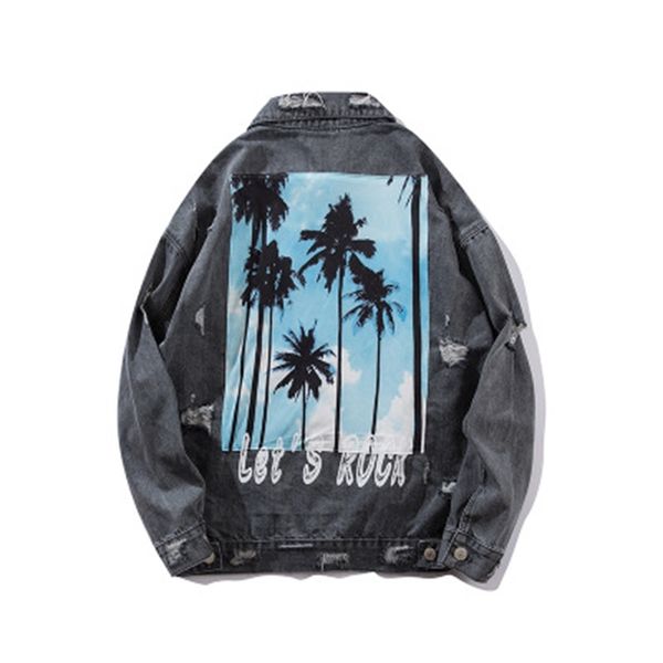 

new spring and autumn wear graffiti denim jacket men coconut tree printed leaves casual rock loose coats u9rf, Black;brown