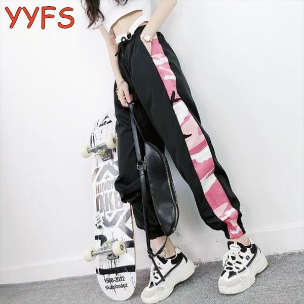 

sweatpants women high waist casual side stripe letter harem pants 2020 summer reflective street cargo jogger hip hop pant female, Black;white