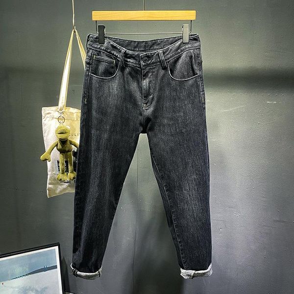 

fashion brand jeans men's winter straight slim fit elasticated waist tether slightly loose harlan smoky gray tapered casual pant, Blue