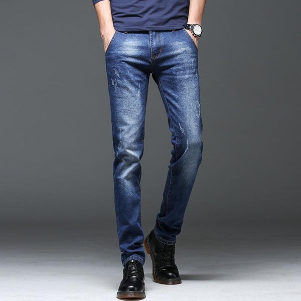 

men's jeans spring winter 2021 warm slim fit business fashion thicken denim trousers black blue men