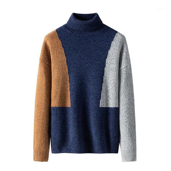 

2020 spring new high collar sweater men's color mosaic korean fashion fashion sweater to keep warm preppy style1, White;black