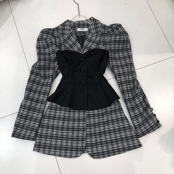 

deat 2021 autumn winter women new fahion long sleeve lapel plaid office lady single breasted fake two piece slim coat rc809, Black;brown