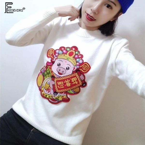 

2019 new year party sweaters pullover women cute vintage sweet girls red black printed o neck knitted sweater j1081, White;black