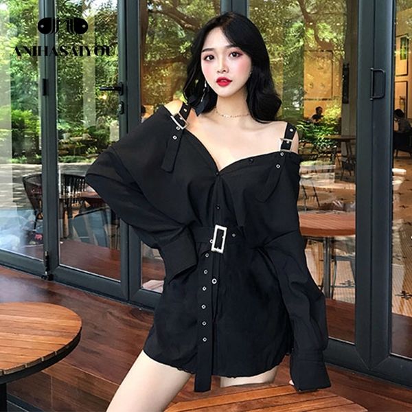 

autumn vintage waist blusa feminina black long sleeve blouse metal buckle strap strapless mid-length womens and blouses y200402, White