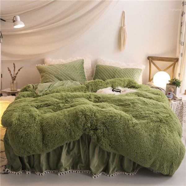 

bedding sets plush shaggy mink velvet duvet cover quilted pompoms fringe ruffles bedskirt pillowcases girl set size customizable1