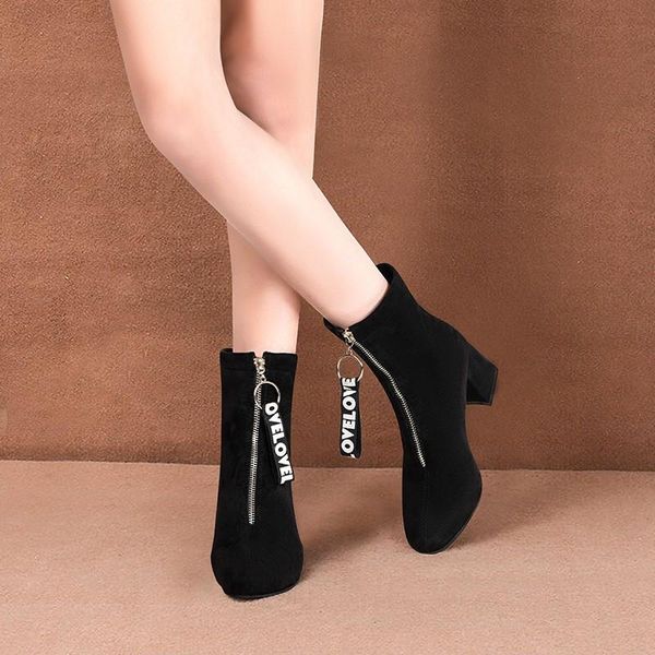 

cootelili women ankle boots fashion shoes for woman winter warm boots with plush round toe 6cm heel shoes zip plus size 41 42 43, Black