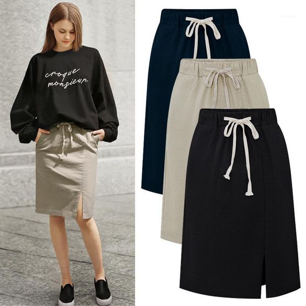 

2020 new spring summer elegant midi skirts womens plus size office a- skirt cotton elastic waist package hip skirt bow1, Black