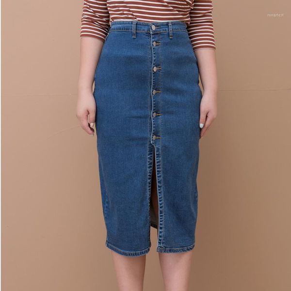 

2020 new summer blue cowboy elasticity button empire waist patchwork bifurcation denim skirt clothes skirts plus size a0141, Black