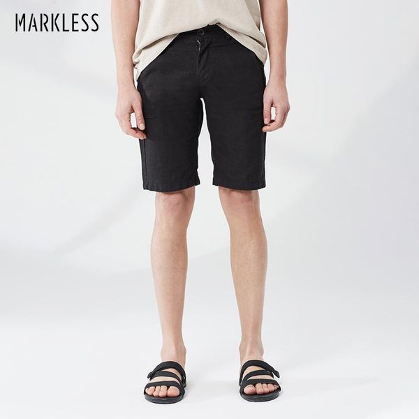 

markless mens solid ramie work shorts botton closure pocket black casual short pants dka9904m, White;black