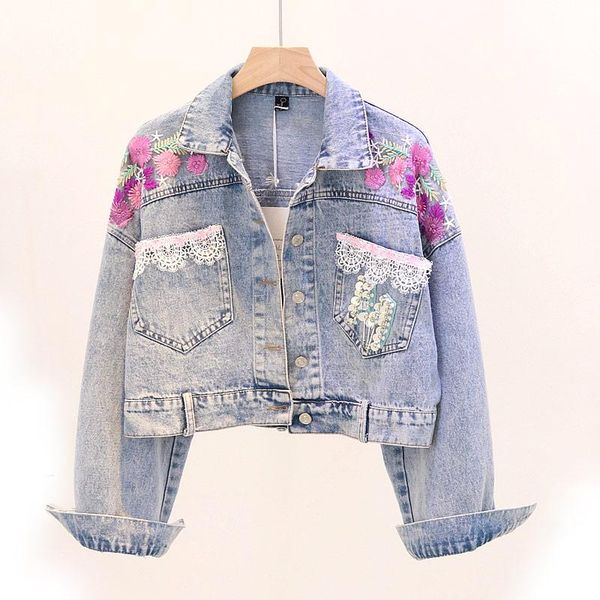 

trend-setter 2020 autumn fashion sequins short denim jacket women flower embroidery jean high waist jacket streetwear, Black;brown