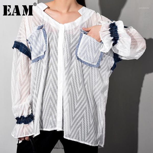 

eam] women white denim ruffles big size blouse new v-collar long sleeve loose fit shirt fashion tide spring summer 2020 wg755001