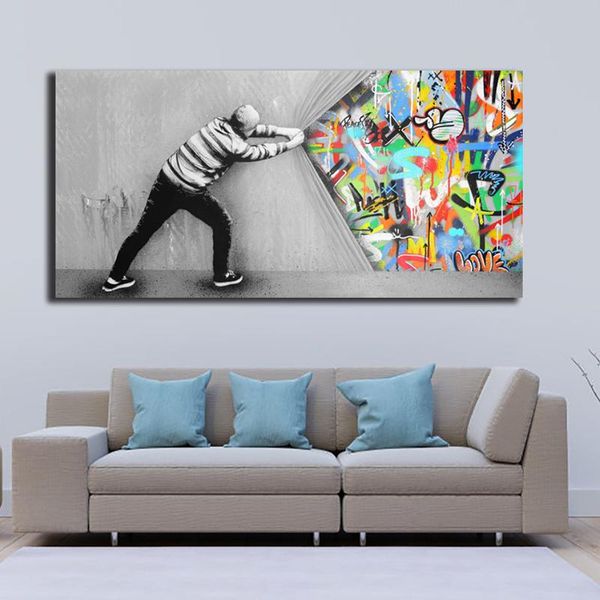 

oucag street graffiti art oil painting creative slowing raise the curtain wall poster and prints graphic for bedroom decoration