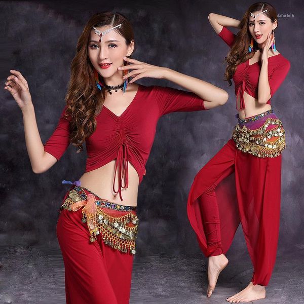 

belly dance practice set dance 2020 long sleeves trousers oriental yoga clothes bellydance wear bl23651, Black;red