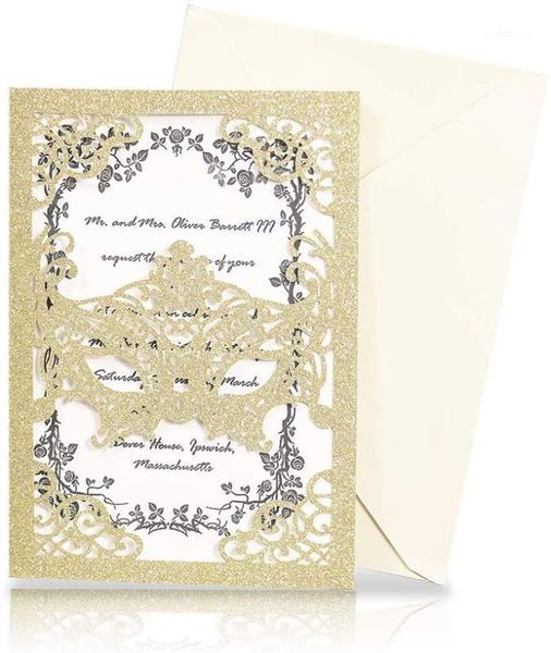 

kazipa 25pcs laser cut invitation, graduation masquerade invitation and baby baptism envelope bride wedding halloween, gold1