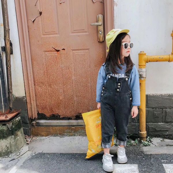 

autumn boys girls fashion patchwork denim overalls children all-match casual suspender trousers 201112, Blue