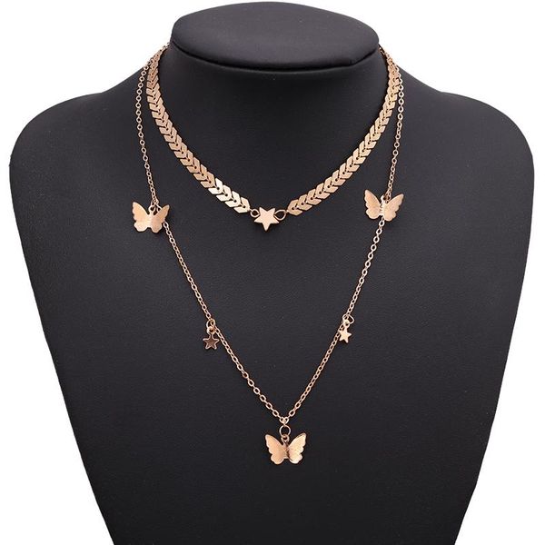 

chains selling gold color fish bone butterfly stars necklaces for women double layer clavicle chain jewelry party gifts, Silver