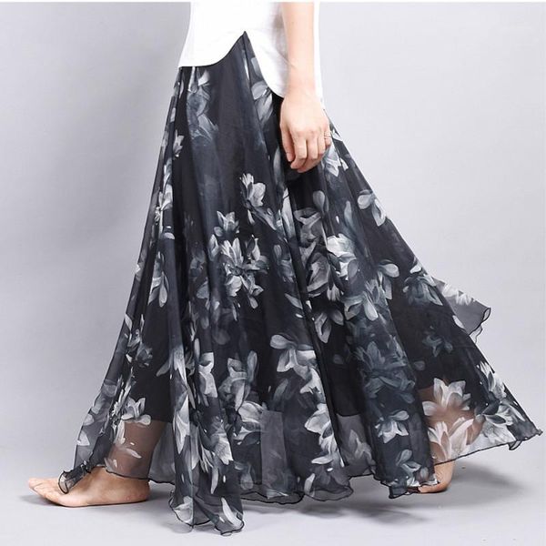 

brand long skirt print light fabric chiffon summer clothes saia beach bohemian maxi skirts women high waist casual vestidos1, Black