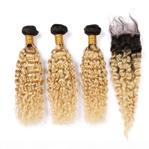 

#1b 613 ombre malaysian wet and wavy human hair bundles with closure blonde ombre water wave virgin hair wefts with closure 4pcs lot, Black;brown