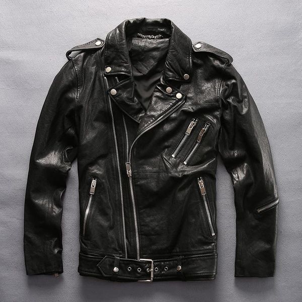

men's leather & faux factory 2021 men black motorcycle biker jacket vegetable tannin sheepskin double zipper adjustable waist slim fit
