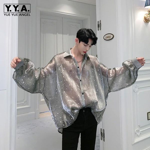 

high street oversized mens batwing sleeve shirts loose starry sky printed mesh perspective shirt see through male 1, White;black