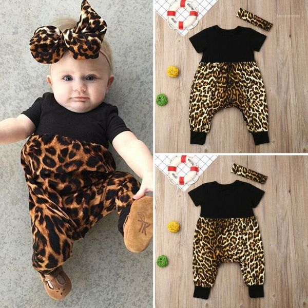 Boinas para criança meninas de leopardo roupas de impressão de roupas de macacão 2pcs