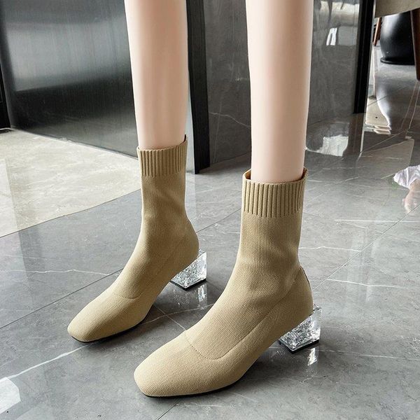 

autumn winter women square toe boots elastic suede woman short boots cotton crystal heel mid-calf women's botas mujer, Black