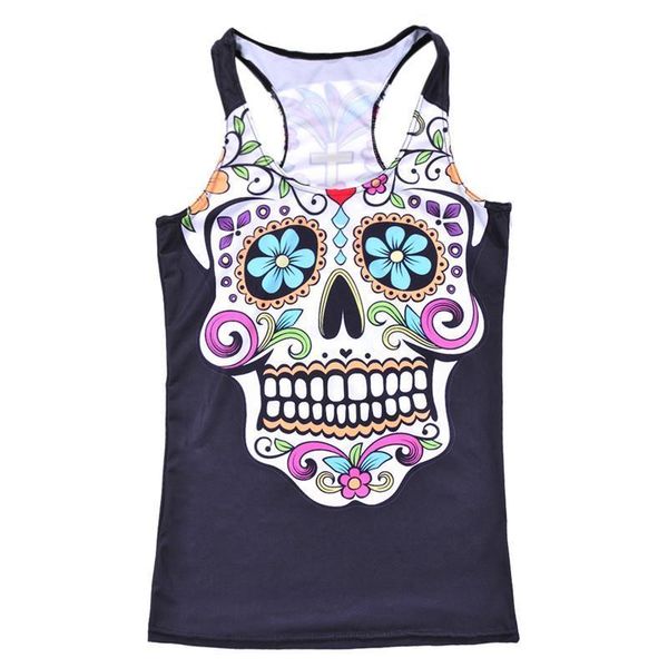 

drop ship summer styles fashion women's tank cross skull flower vine digital print round neck sleeveless tank camisole, White